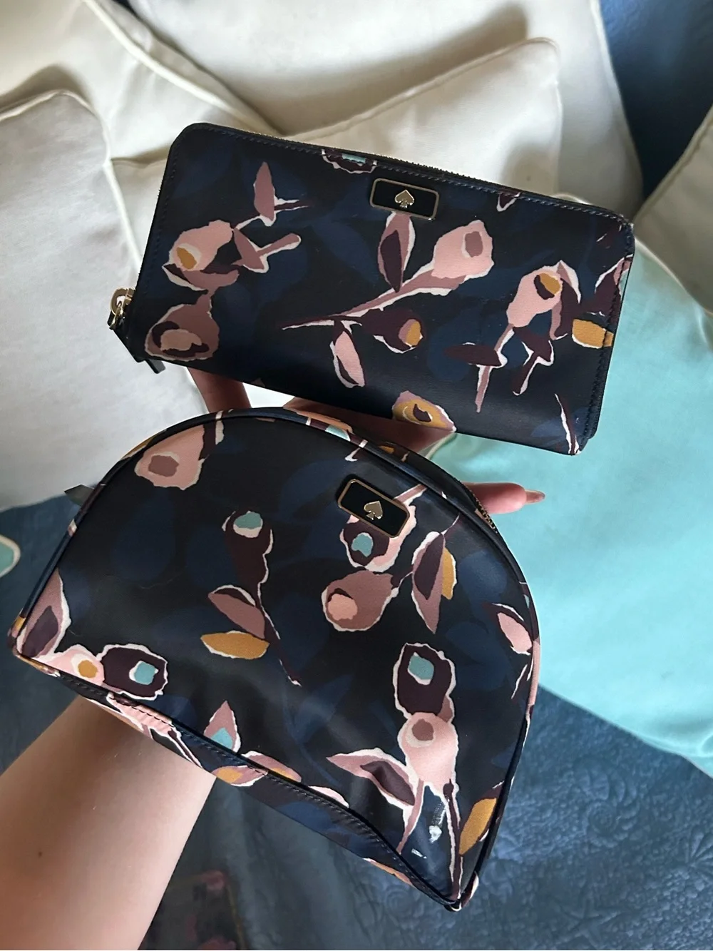 Kate Spade Navy Floral Nylon Zip Around Wallet & Cosmetic Case BUNDLE